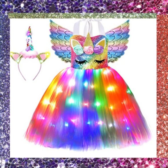 Girls Unicorn Costume LED Light Up Unicorn Princess Dress Birthday Party Outfit - Picture 3 of 5